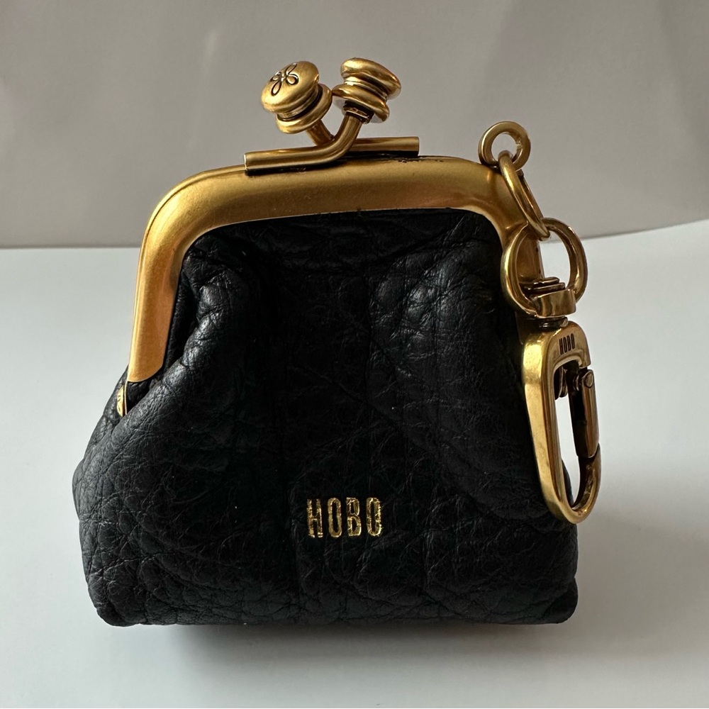 HOBO Kisslock Frame Pouch Black Leather Coin Purse W/ Swivel Clip Gold Hardware